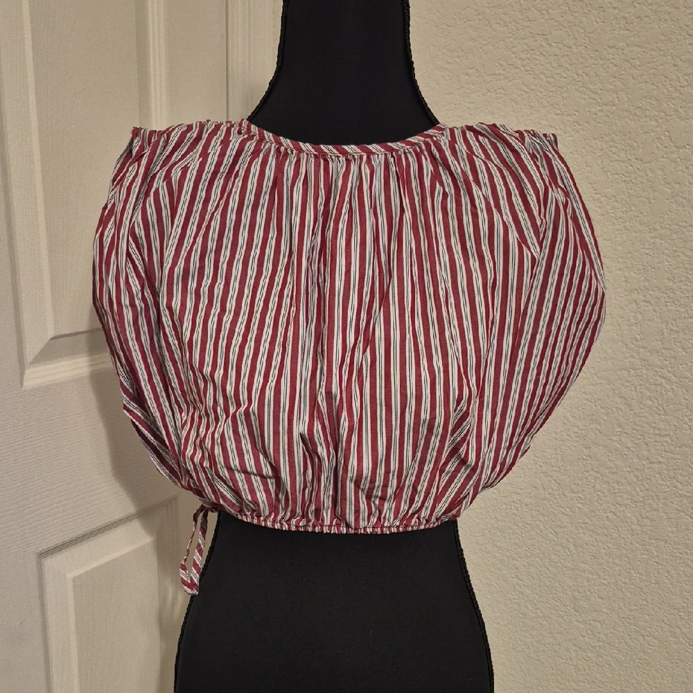 Zara Red and White Striped Off-Shoulder Crop Top - Picture 1 of 6